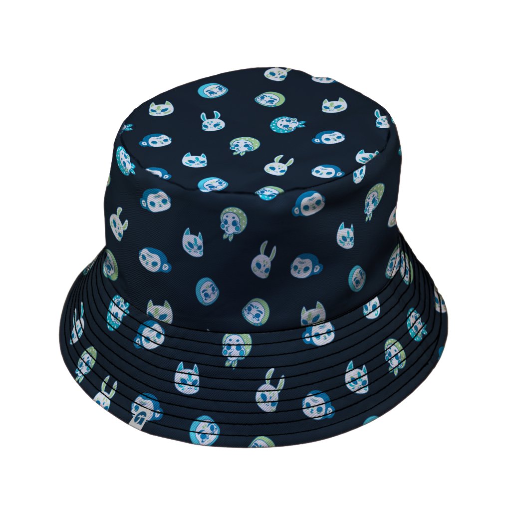 Kawaii Masks Parade Blue Night Bucket Hat - M - Black Stitching - -