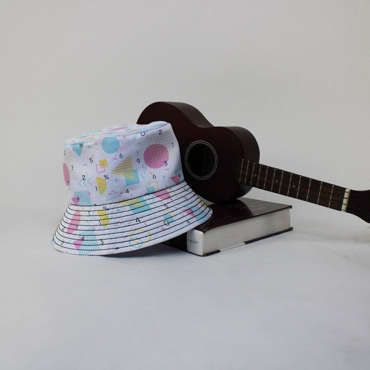 Math Memphis Style White Bucket Hat - M - Grey Stitching - -