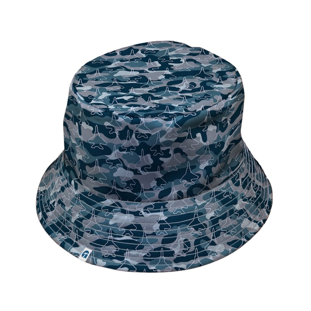 Military Fighter Jet Navy Camo Blue Bucket Hat - M - Black Stitching - -
