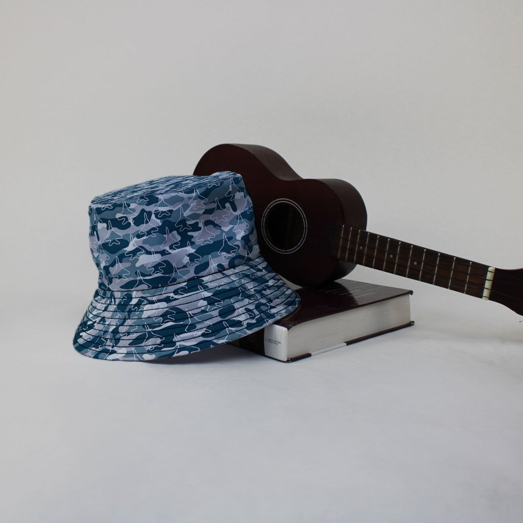 Military Fighter Jet Navy Camo Blue Bucket Hat - M - Black Stitching - -
