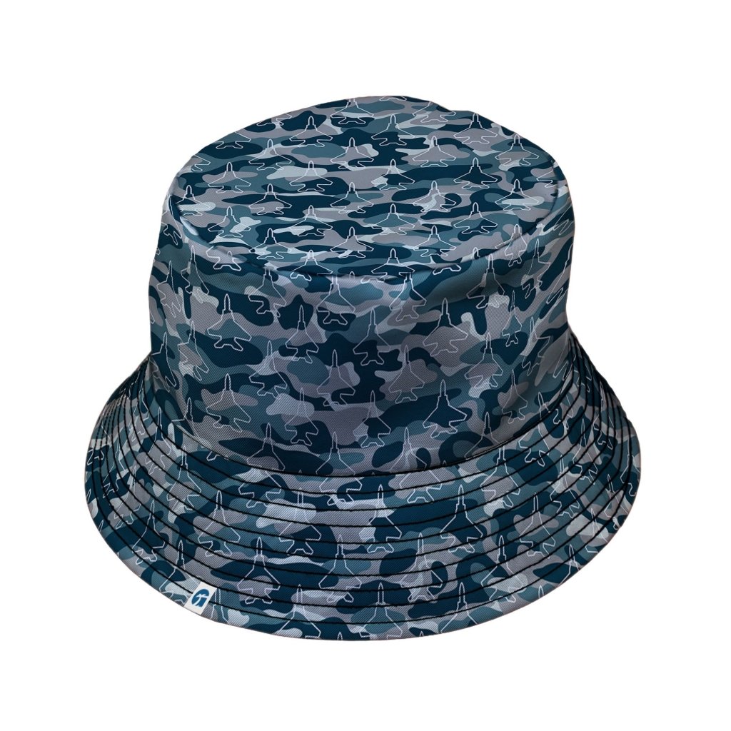 Military Fighter Jet Navy Camo Blue Bucket Hat - M - Grey Stitching - -