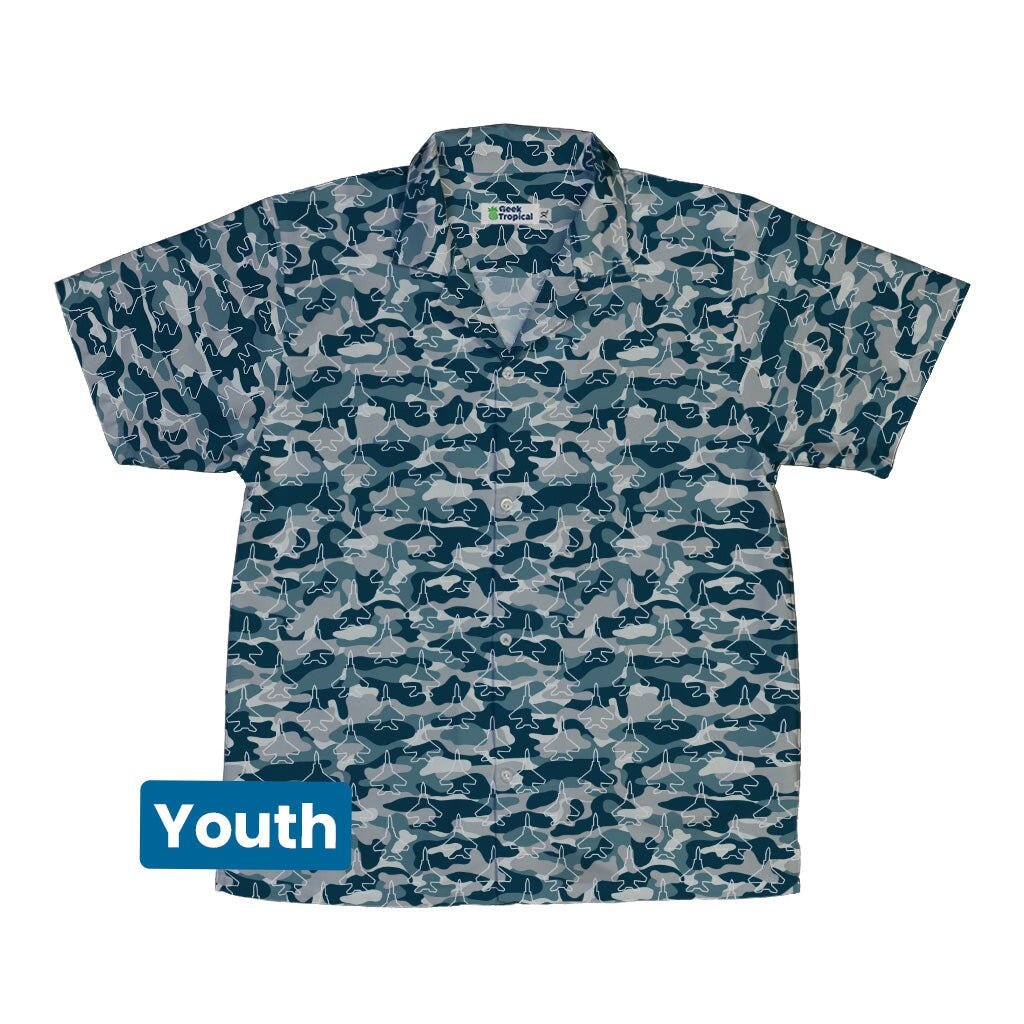 Military Fighter Jet Navy Camo Blue Youth Hawaiian Shirt - YXS - -