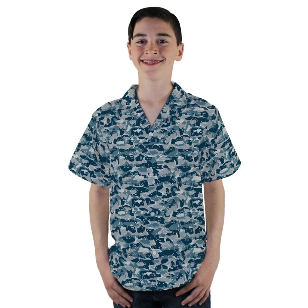 Military Fighter Jet Navy Camo Blue Youth Hawaiian Shirt - YL - -