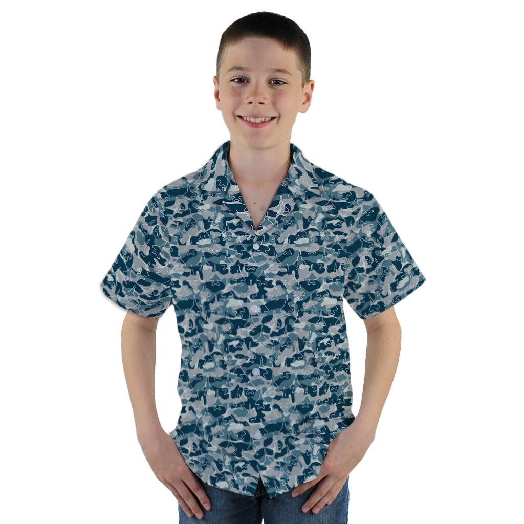 Military Fighter Jet Navy Camo Blue Youth Hawaiian Shirt - YM - -
