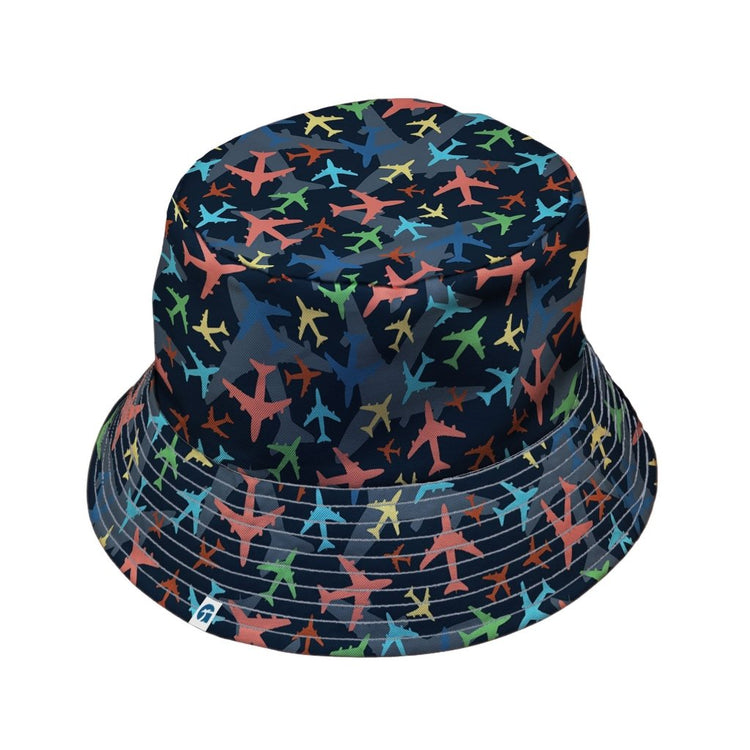 Multi Colored Airplanes on Blue Bucket Hat - M - Black Stitching - -