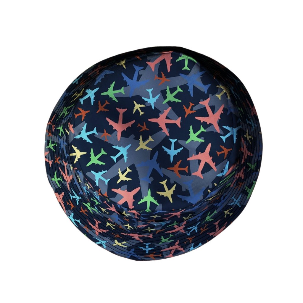 Multi Colored Airplanes on Blue Bucket Hat - M - Black Stitching - -