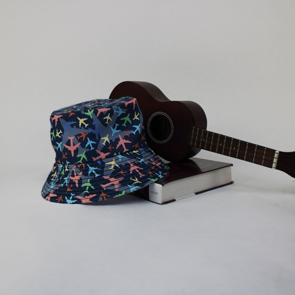 Multi Colored Airplanes on Blue Bucket Hat - M - Black Stitching - -