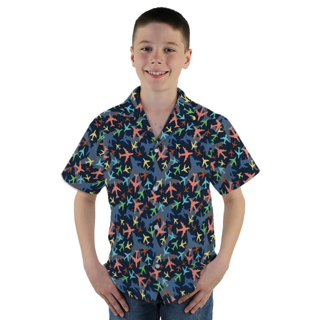 Multi Colored Airplanes on Blue Youth Hawaiian Shirt - YM - -