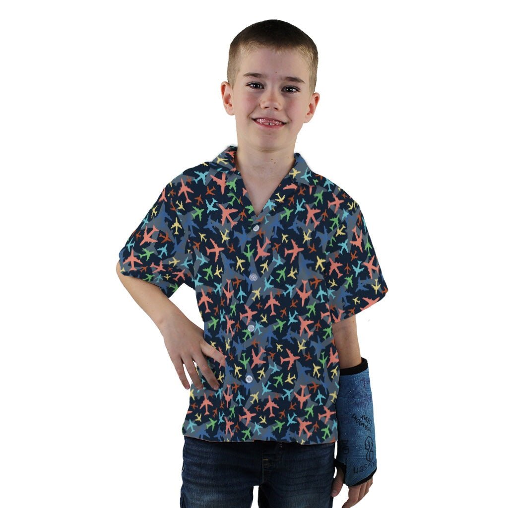 Multi Colored Airplanes on Blue Youth Hawaiian Shirt - YXS - -