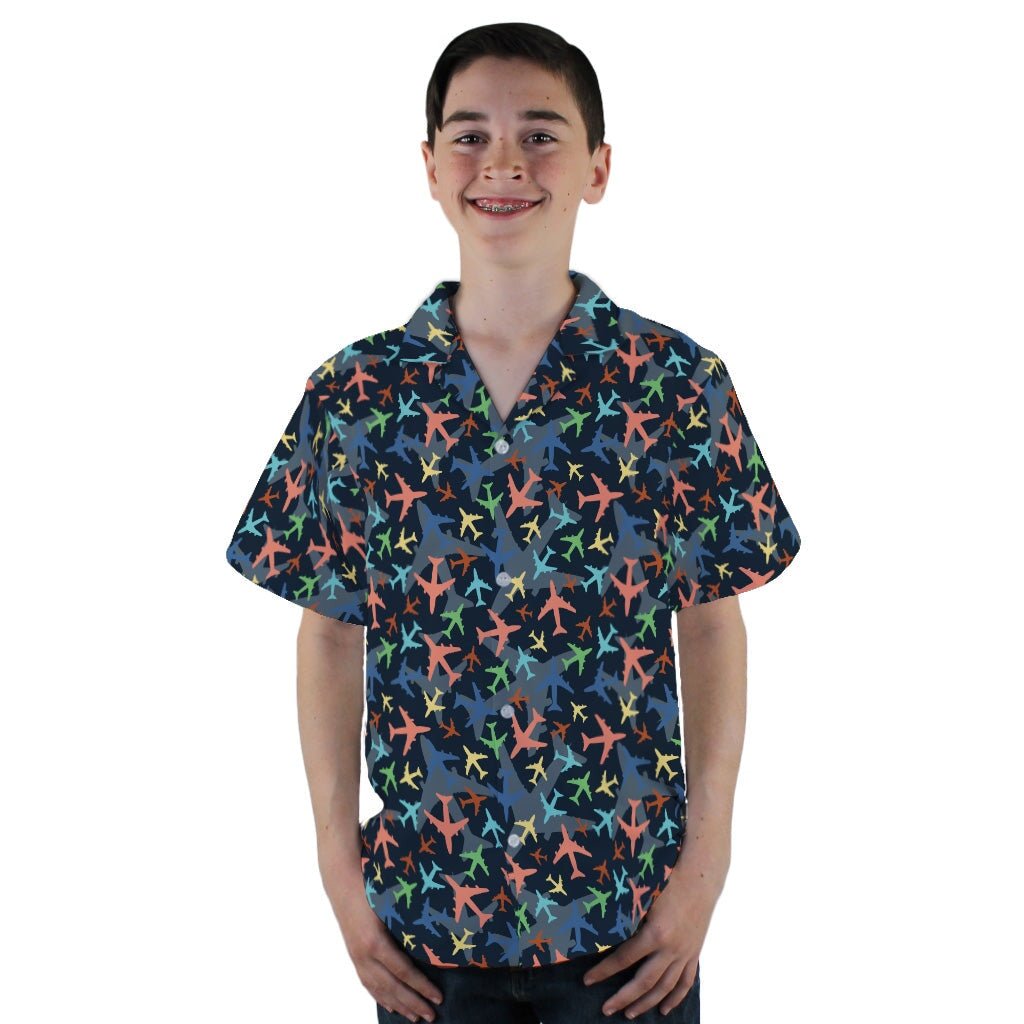 Multi Colored Airplanes on Blue Youth Hawaiian Shirt - YL - -