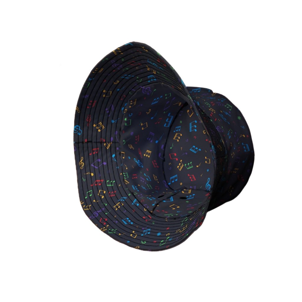 Musical Rainbow Notes Black Bucket Hat - M - Black Stitching - -