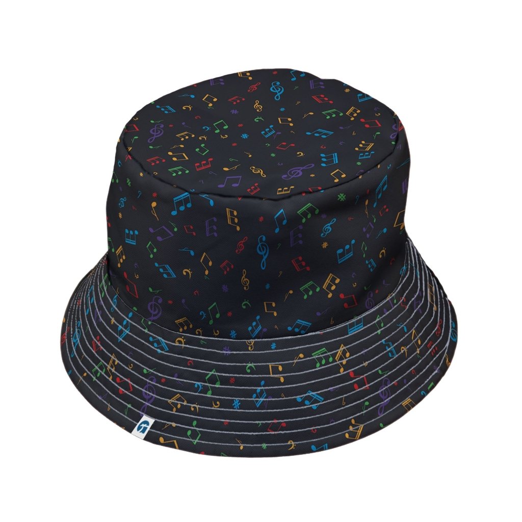 Musical Rainbow Notes Black Bucket Hat - M - Black Stitching - -