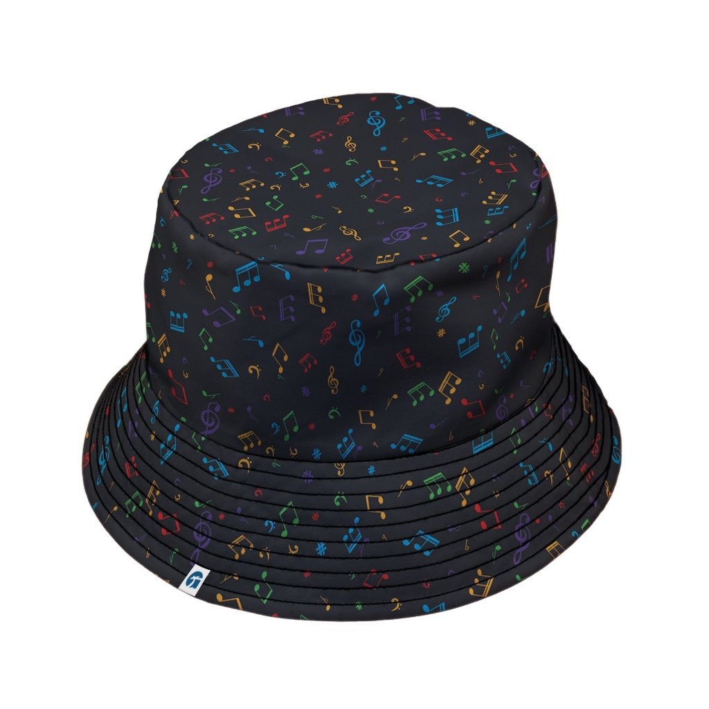 Musical Rainbow Notes Black Bucket Hat - M - Grey Stitching - -