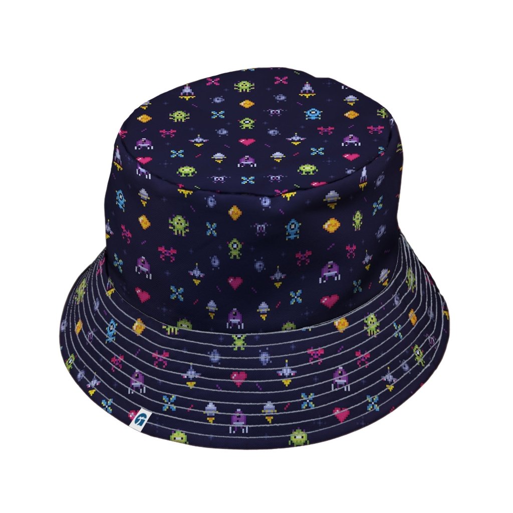 Pixel Art Arcade Video Game Purple Bucket Hat - M - Black Stitching - -
