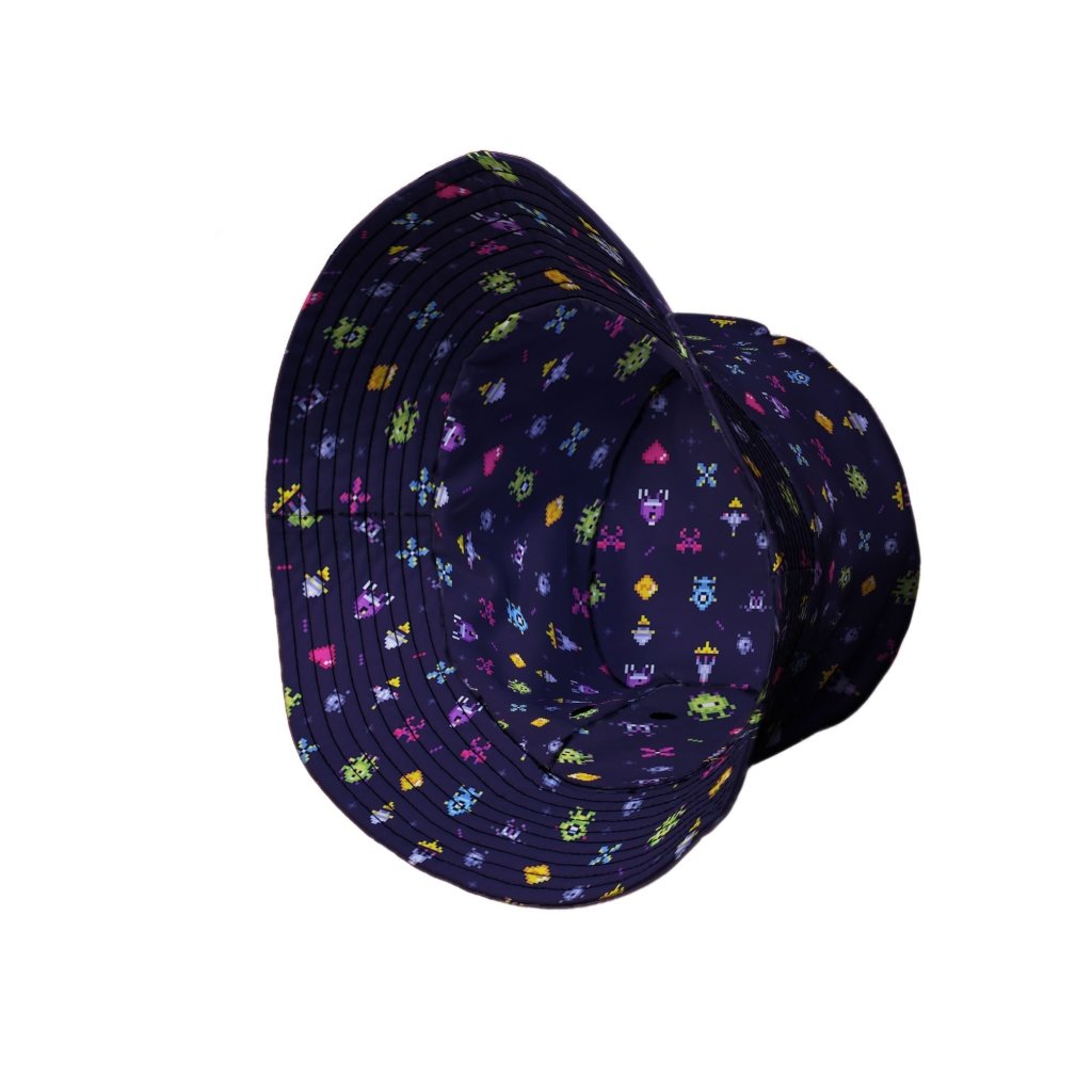 Pixel Art Arcade Video Game Purple Bucket Hat - M - Black Stitching - -
