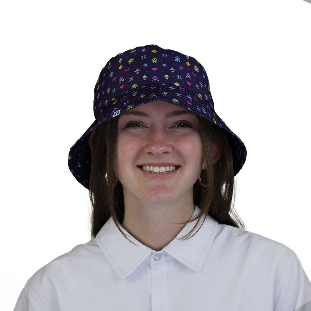 Pixel Art Arcade Video Game Purple Bucket Hat - M - Black Stitching - -