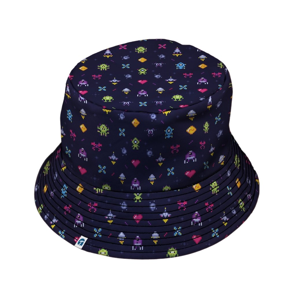 Pixel Art Arcade Video Game Purple Bucket Hat - M - Grey Stitching - -