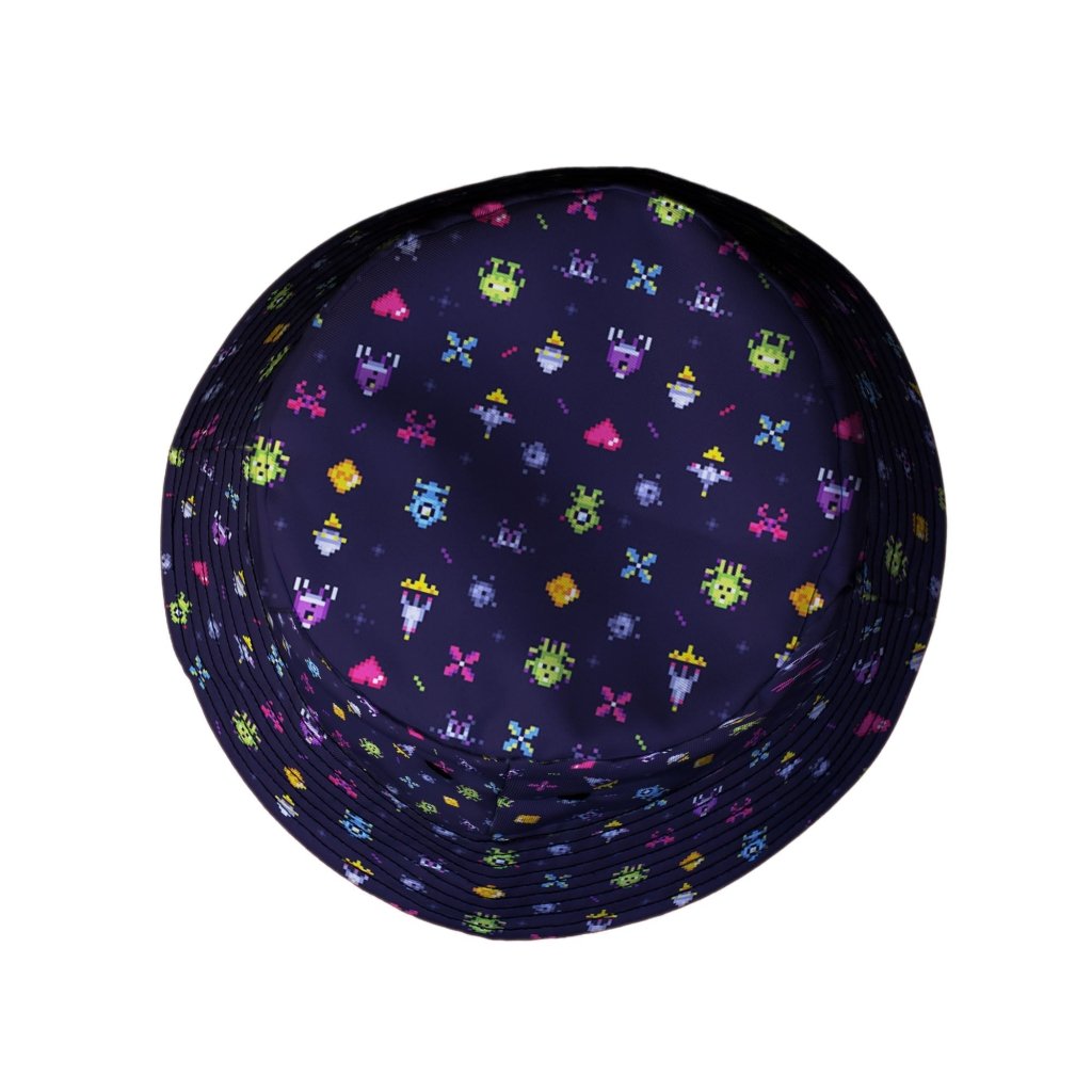 Pixel Art Arcade Video Game Purple Bucket Hat - M - Black Stitching - -