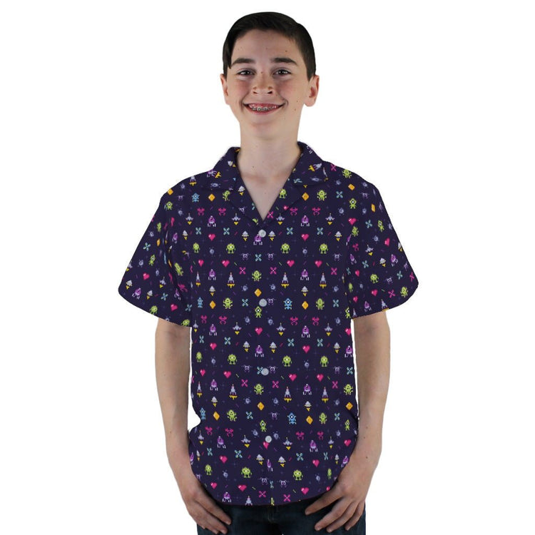Pixel Art Arcade Video Game Purple Youth Hawaiian Shirt - YL - -