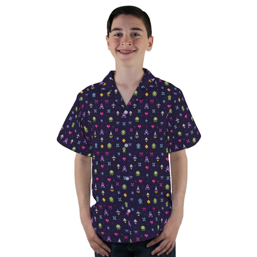 Pixel Art Arcade Video Game Purple Youth Hawaiian Shirt - YL - -