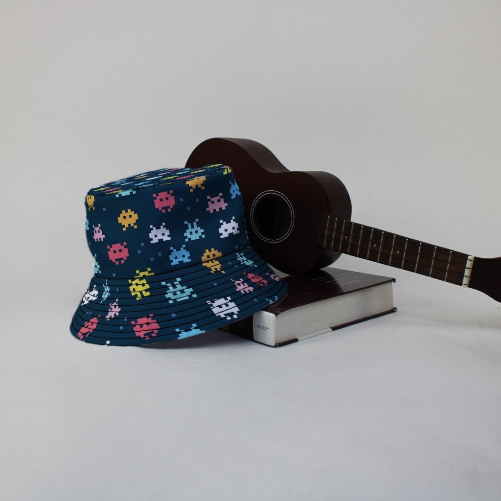 Pixel Monsters Teal Video Game Bucket Hat - M - Black Stitching - -