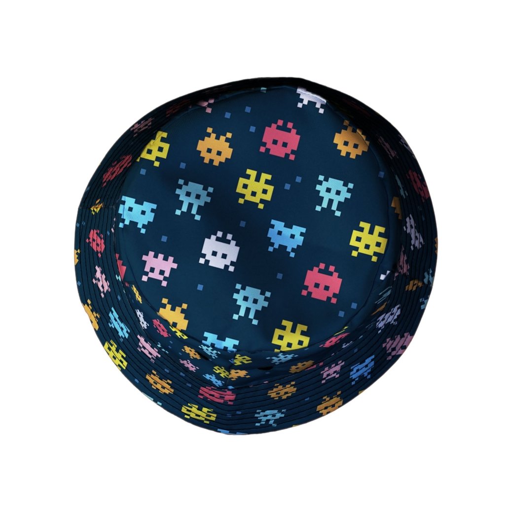 Pixel Monsters Teal Video Game Bucket Hat - M - Black Stitching - -