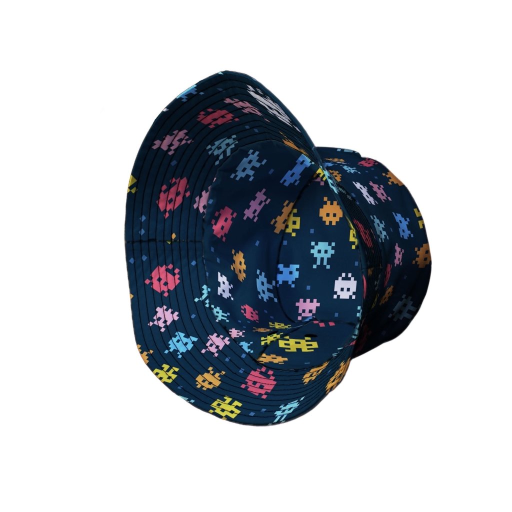 Pixel Monsters Teal Video Game Bucket Hat - M - Black Stitching - -