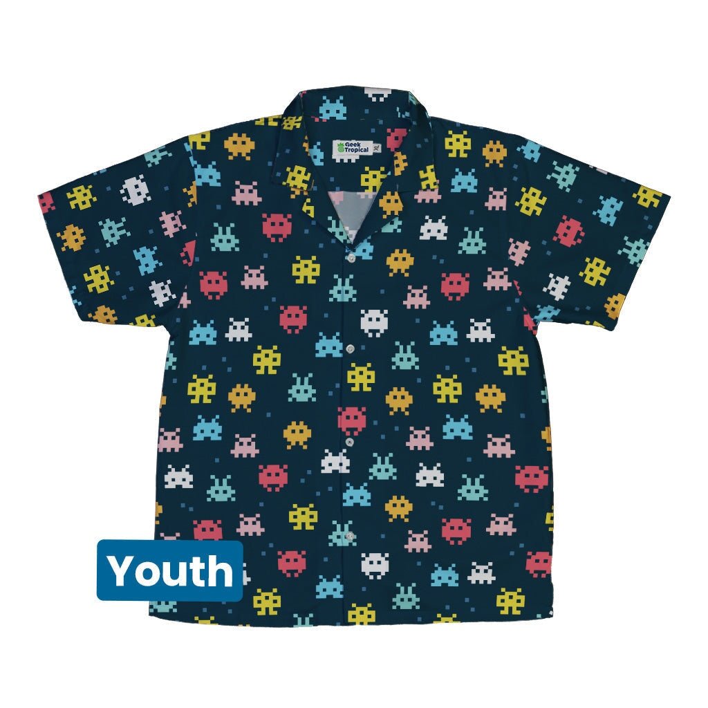 Pixel Monsters Teal Video Game Youth Hawaiian Shirt - YXS - -