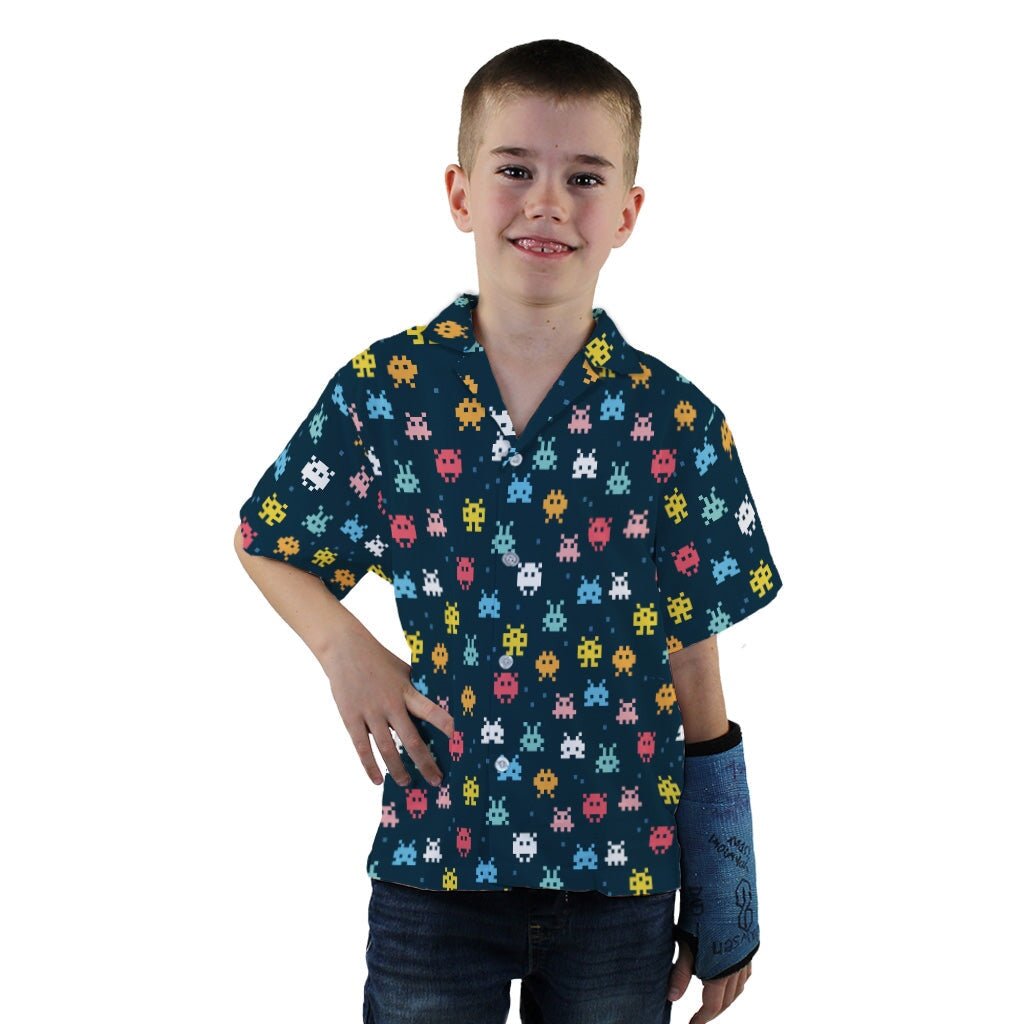 Pixel Monsters Teal Video Game Youth Hawaiian Shirt - YXS - -