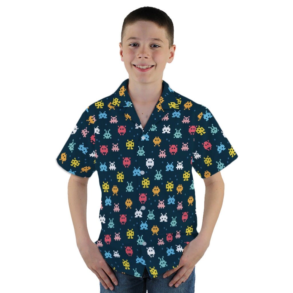 Pixel Monsters Teal Video Game Youth Hawaiian Shirt - YM - -