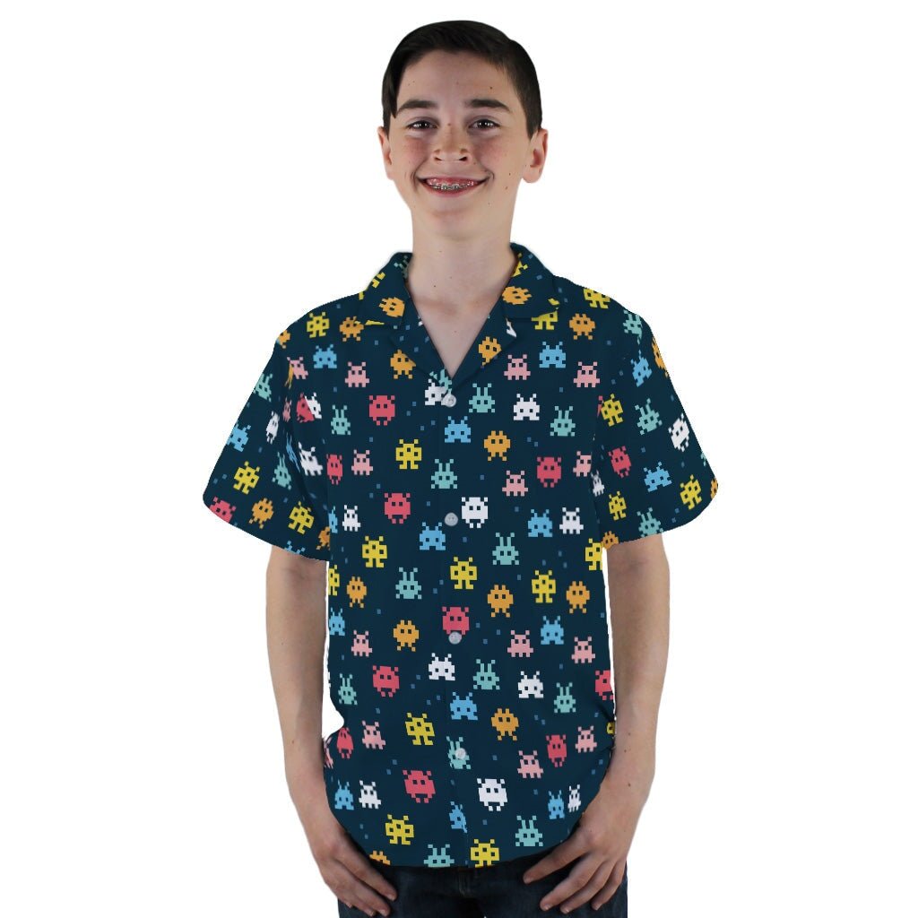 Pixel Monsters Teal Video Game Youth Hawaiian Shirt - YL - -