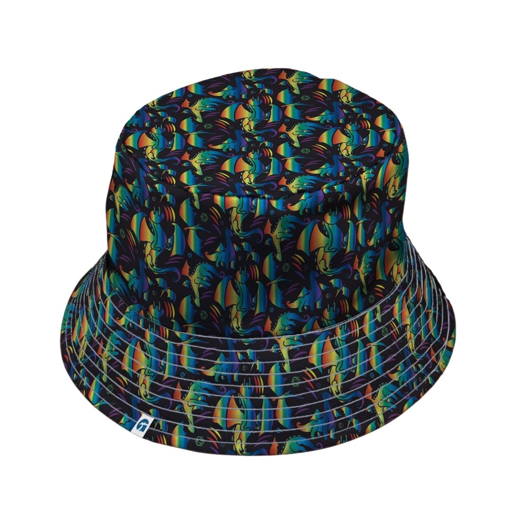 Rainbow Dragons DND Dice Black Bucket Hat - M - Black Stitching - -