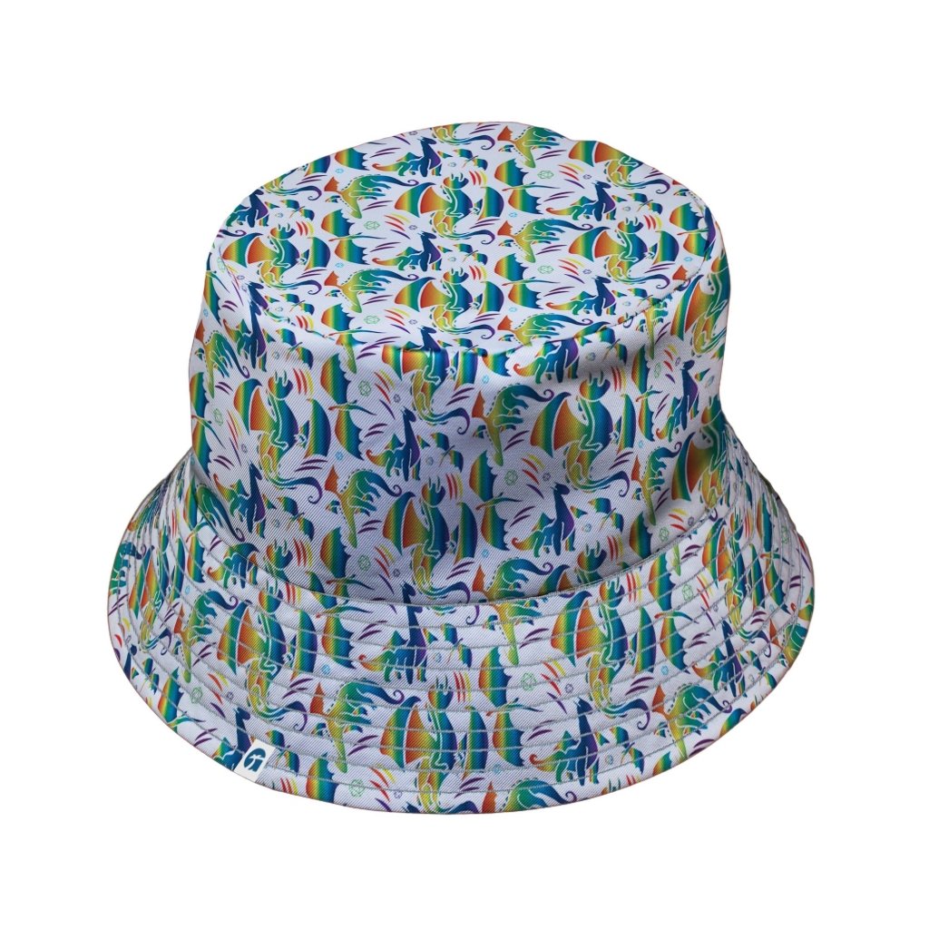 Rainbow Dragons DND Dice White Bucket Hat - M - Black Stitching - -