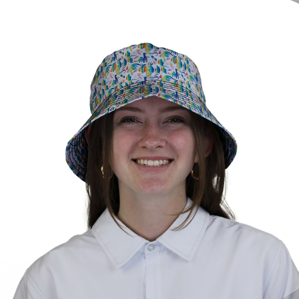 Rainbow Dragons DND Dice White Bucket Hat - M - Grey Stitching - -