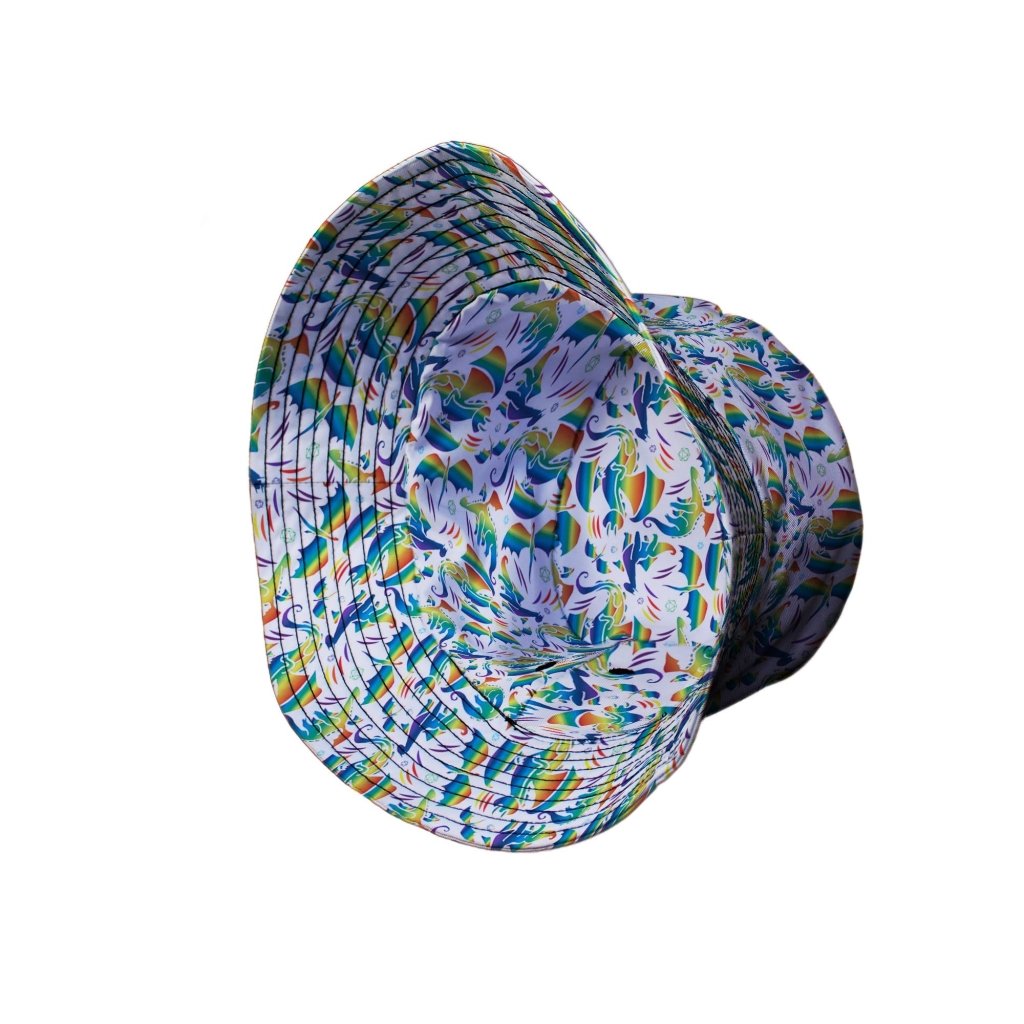 Rainbow Dragons DND Dice White Bucket Hat - M - Grey Stitching - -