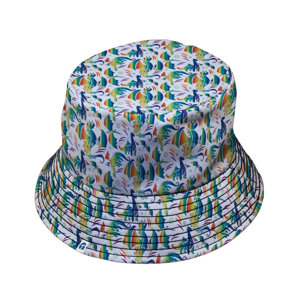 Rainbow Dragons DND Dice White Bucket Hat - M - Grey Stitching - -