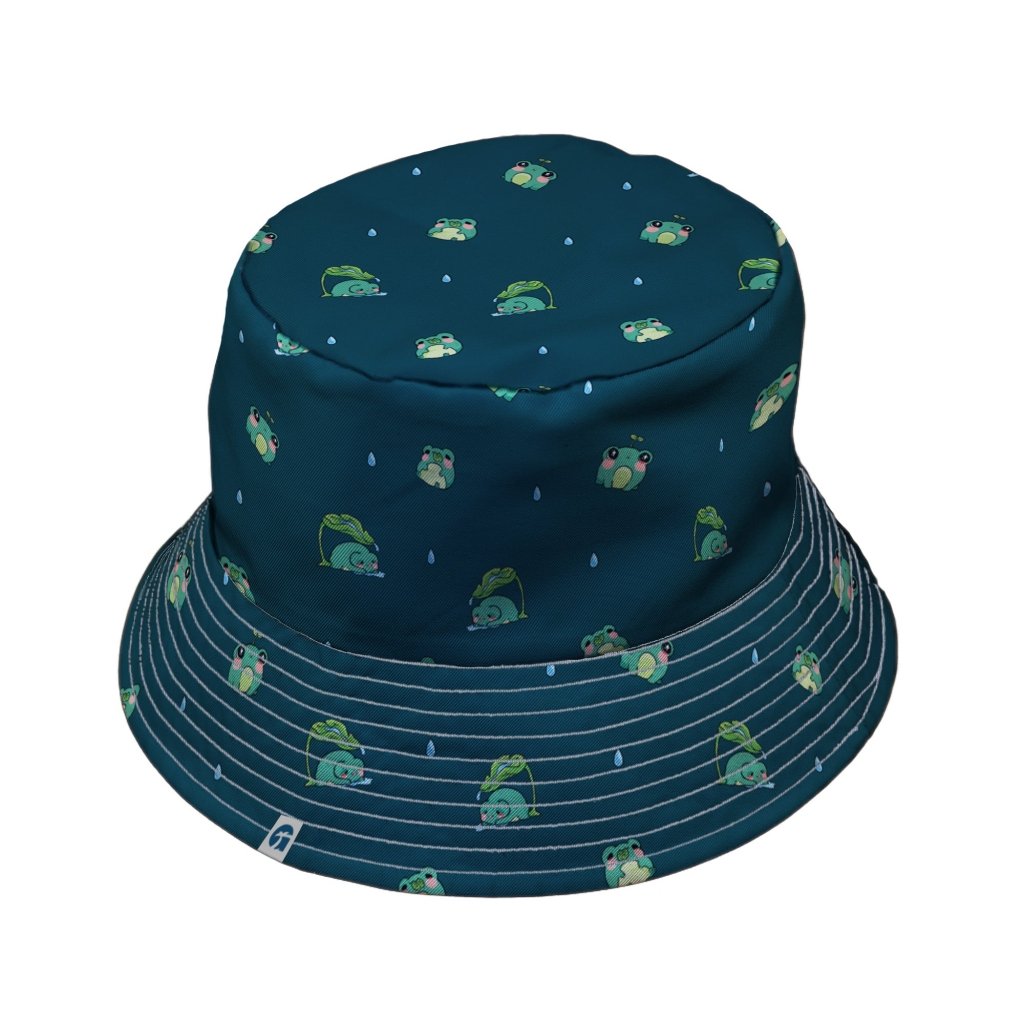 Raining Frogs Dark Teal Bucket Hat - M - Grey Stitching - -