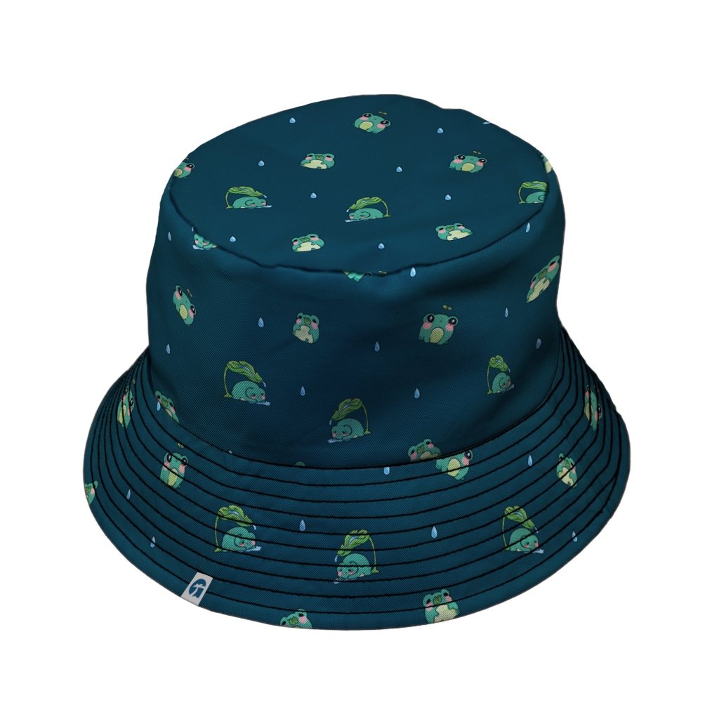 Raining Frogs Dark Teal Bucket Hat - M - Black Stitching - -