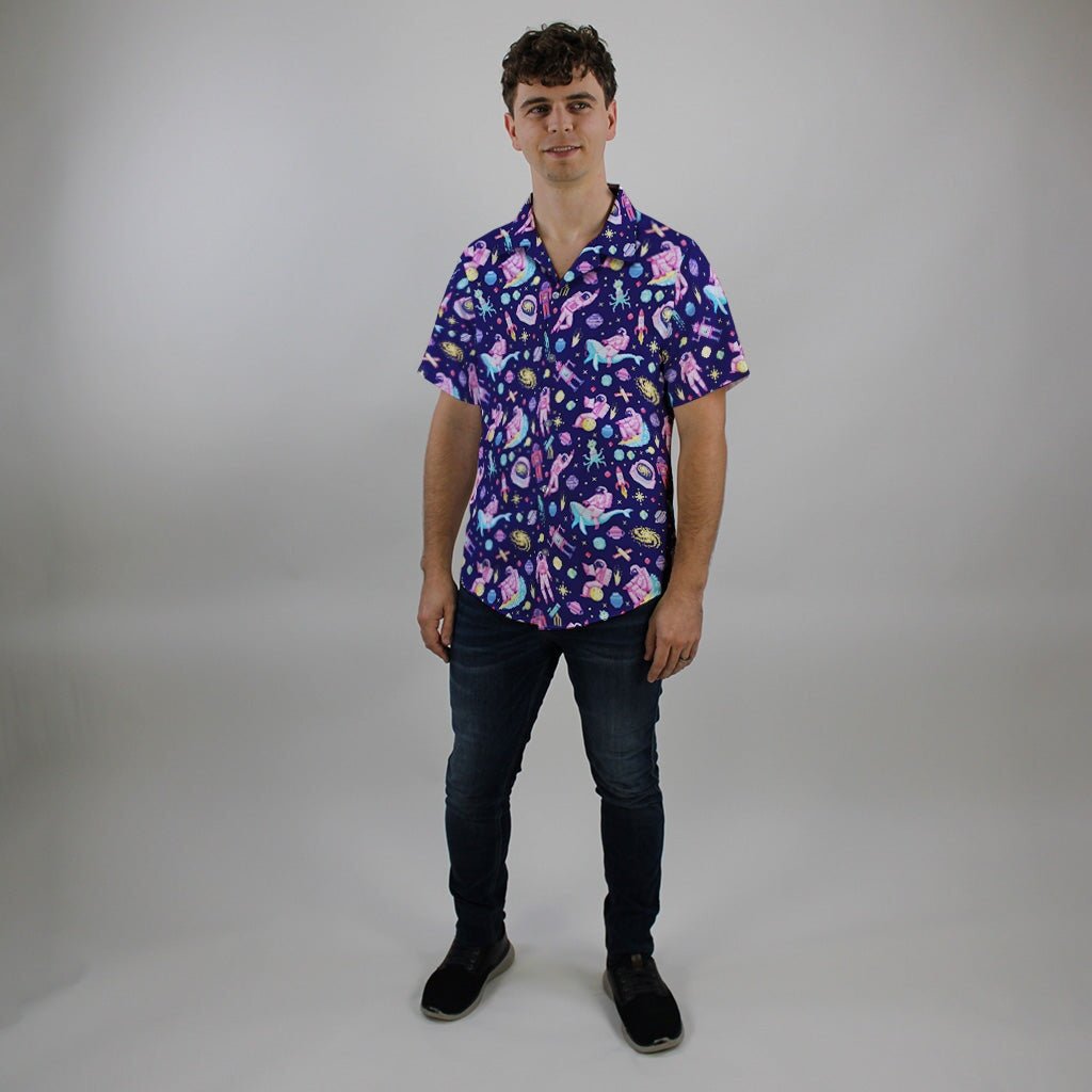 Ready-to-Ship Astronaut Pixels Outer Space Purple Blue Button Up Shirt - S - Button Down Shirt - Include Pocket -