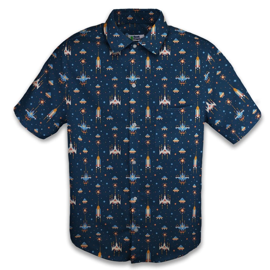 Ready-to-Ship Space Retro Arcade Video Game Blue Gray Button Up Shirt - S - Button Down Shirt - Include Pocket -