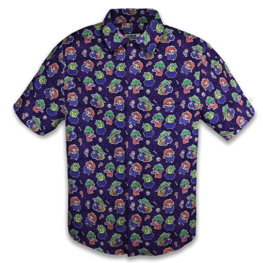 Scary Anime Chibi Stickers Dark Purple Button Up Shirt | Geek Tropical