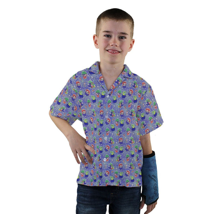 Scary Anime Chibi Stickers Purple Green Youth Hawaiian Shirt - YXS - -