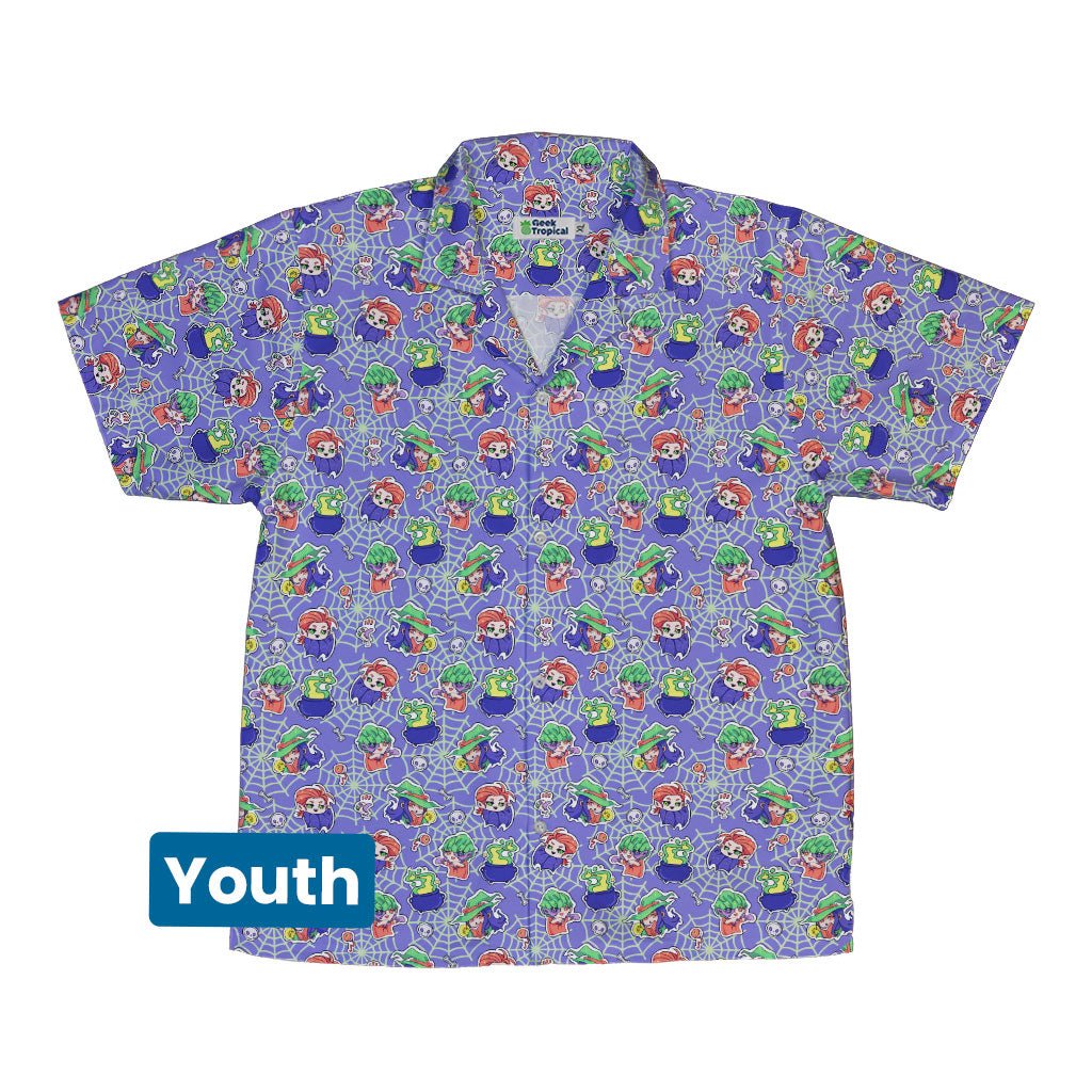 Scary Anime Chibi Stickers Purple Green Youth Hawaiian Shirt - YXS - -