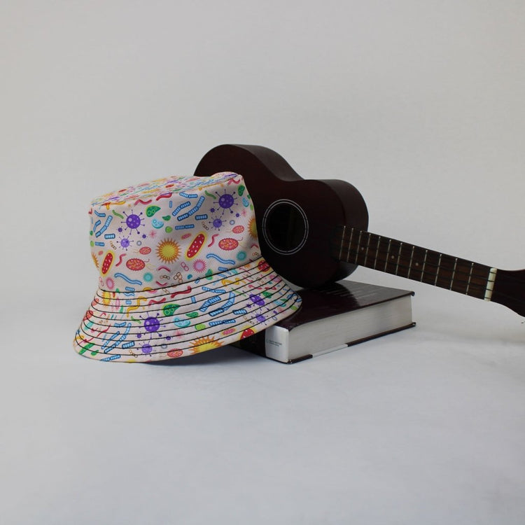 Science Detailed Microbes Pink Orange Bucket Hat - M - Grey Stitching - -