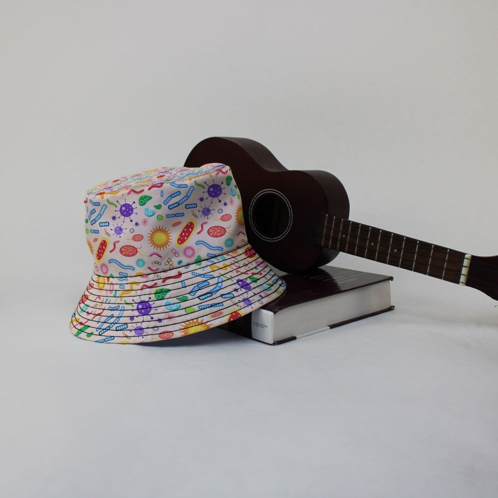 Science Detailed Microbes Pink Orange Bucket Hat - M - Grey Stitching - -