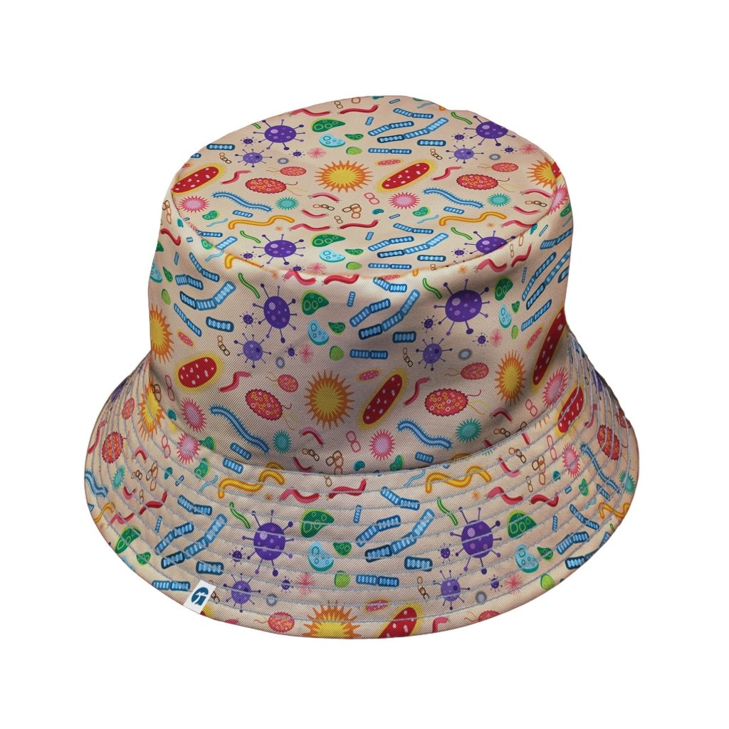 Science Detailed Microbes Pink Orange Bucket Hat - M - Black Stitching - -