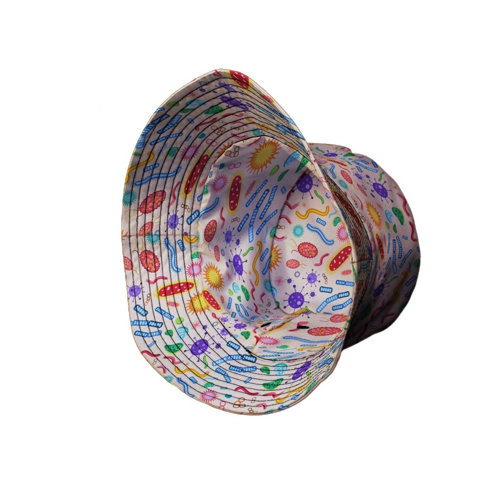 Science Detailed Microbes Pink Orange Bucket Hat - M - Grey Stitching - -