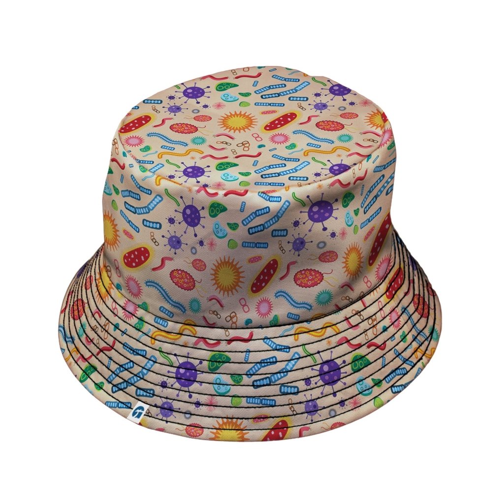 Science Detailed Microbes Pink Orange Bucket Hat - M - Grey Stitching - -