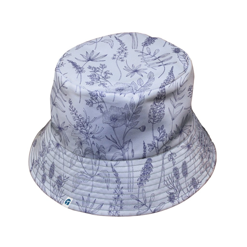 Simple Botany Flowers Herbs White Blue Bucket Hat - M - Black Stitching - -