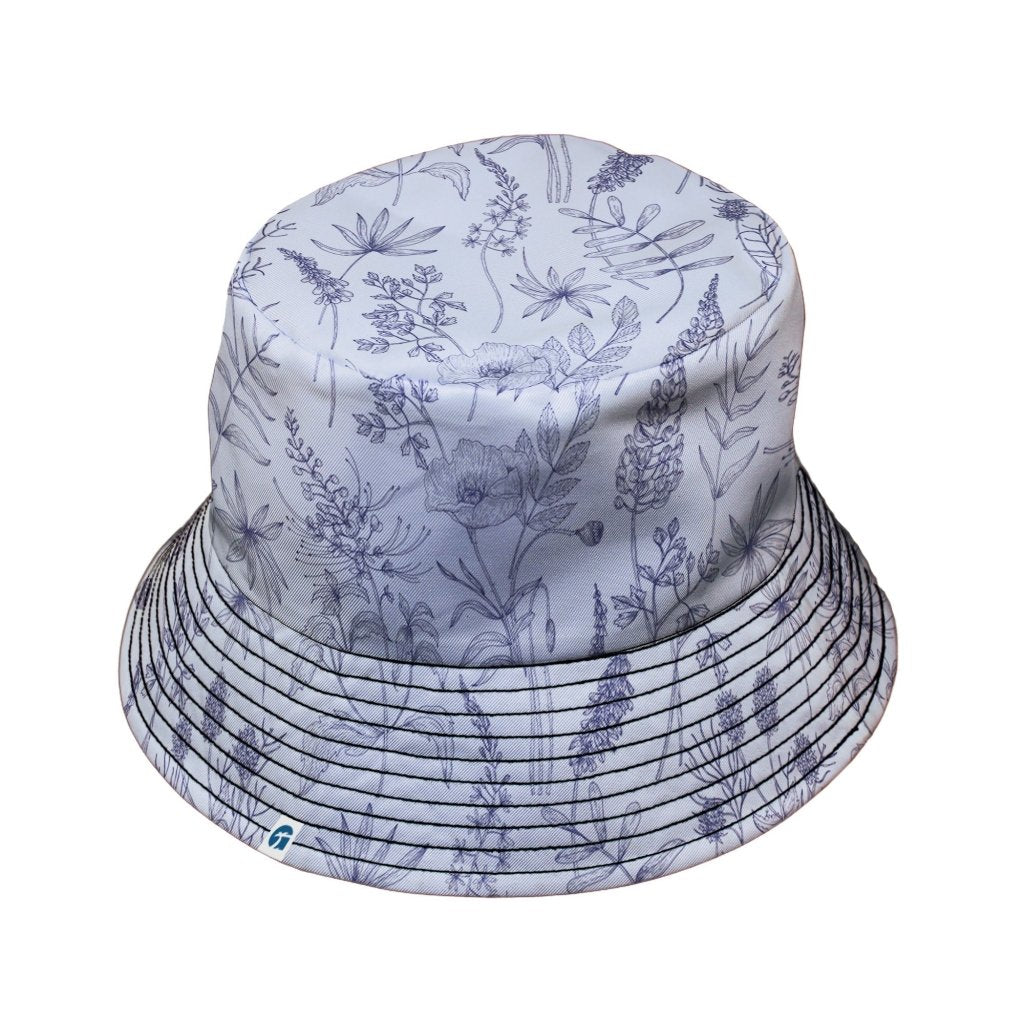 Simple Botany Flowers Herbs White Blue Bucket Hat - M - Grey Stitching - -
